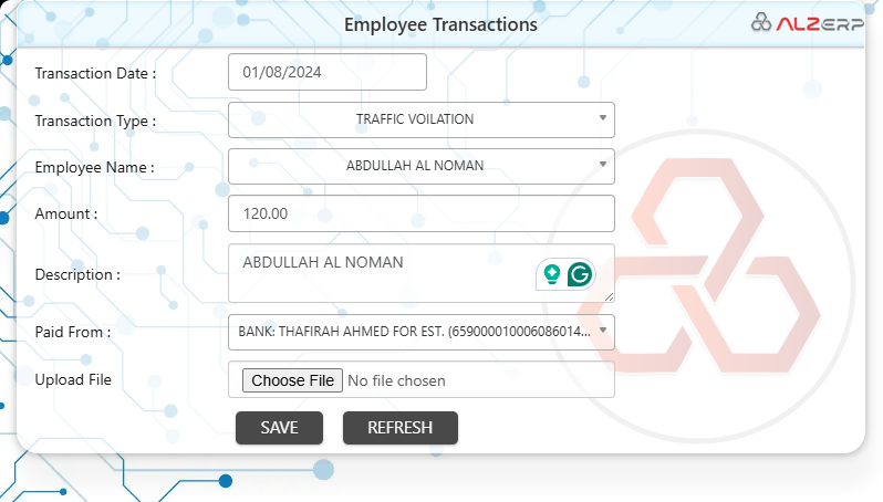 Employee Transactions feature in ALZERP Cloud ERP software