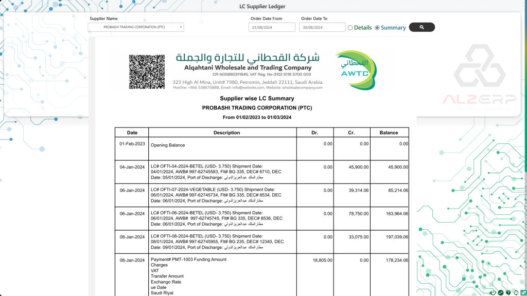 LC Vendors Ledger Report for VAT and Tax Management