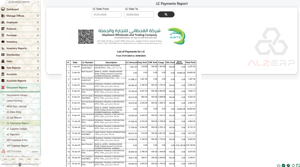 LC Transaction History Report in ALZERP for VAT and Tax Management