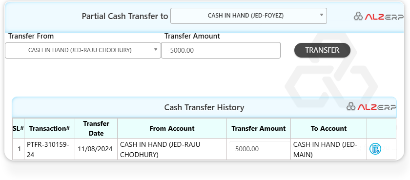 Partial Cash Transfer in ALZERP Cloud ERP Software