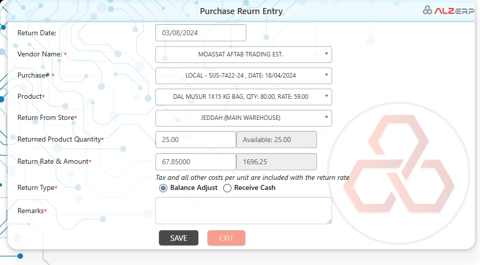 Purchase Return feature in ALZERP